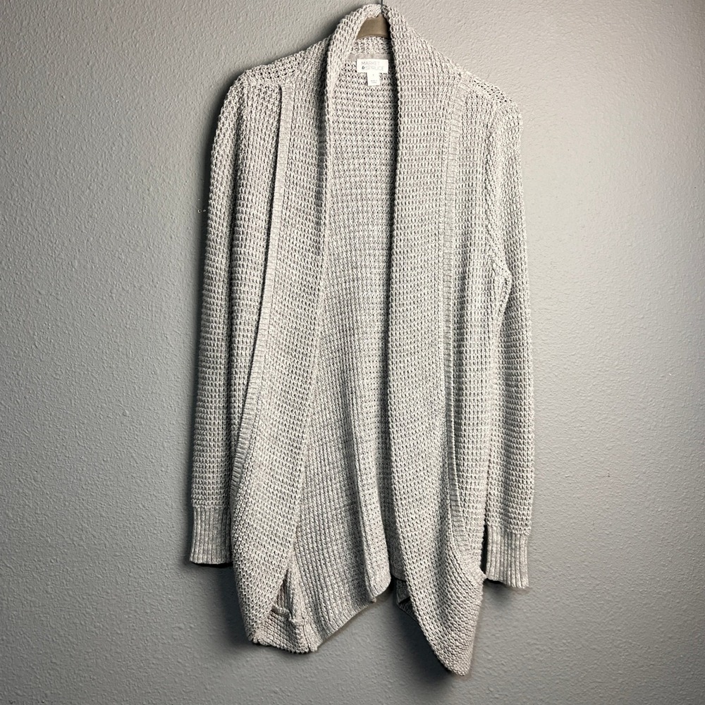 Market & Spruce Gray Waffle Knit Open Front Cardigan Sweater Small Pocket Cotton